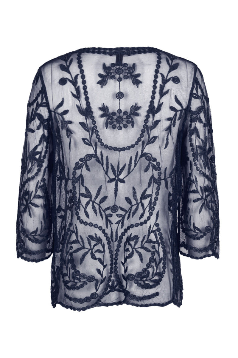 Nine Leonard V-Neck Open Front 3/4 Sleeve Floral Embroidered Mesh Cardigan by Curated Brands