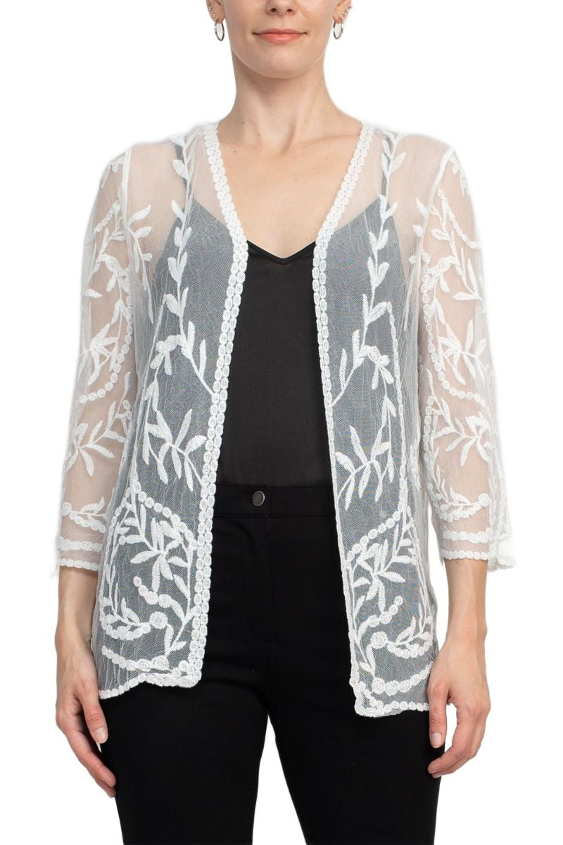 Nine Leonard V-Neck Open Front 3/4 Sleeve Floral Embroidered Mesh Cardigan by Curated Brands