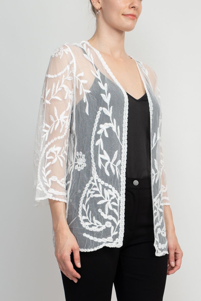 Nine Leonard V-Neck Open Front 3/4 Sleeve Floral Embroidered Mesh Cardigan by Curated Brands