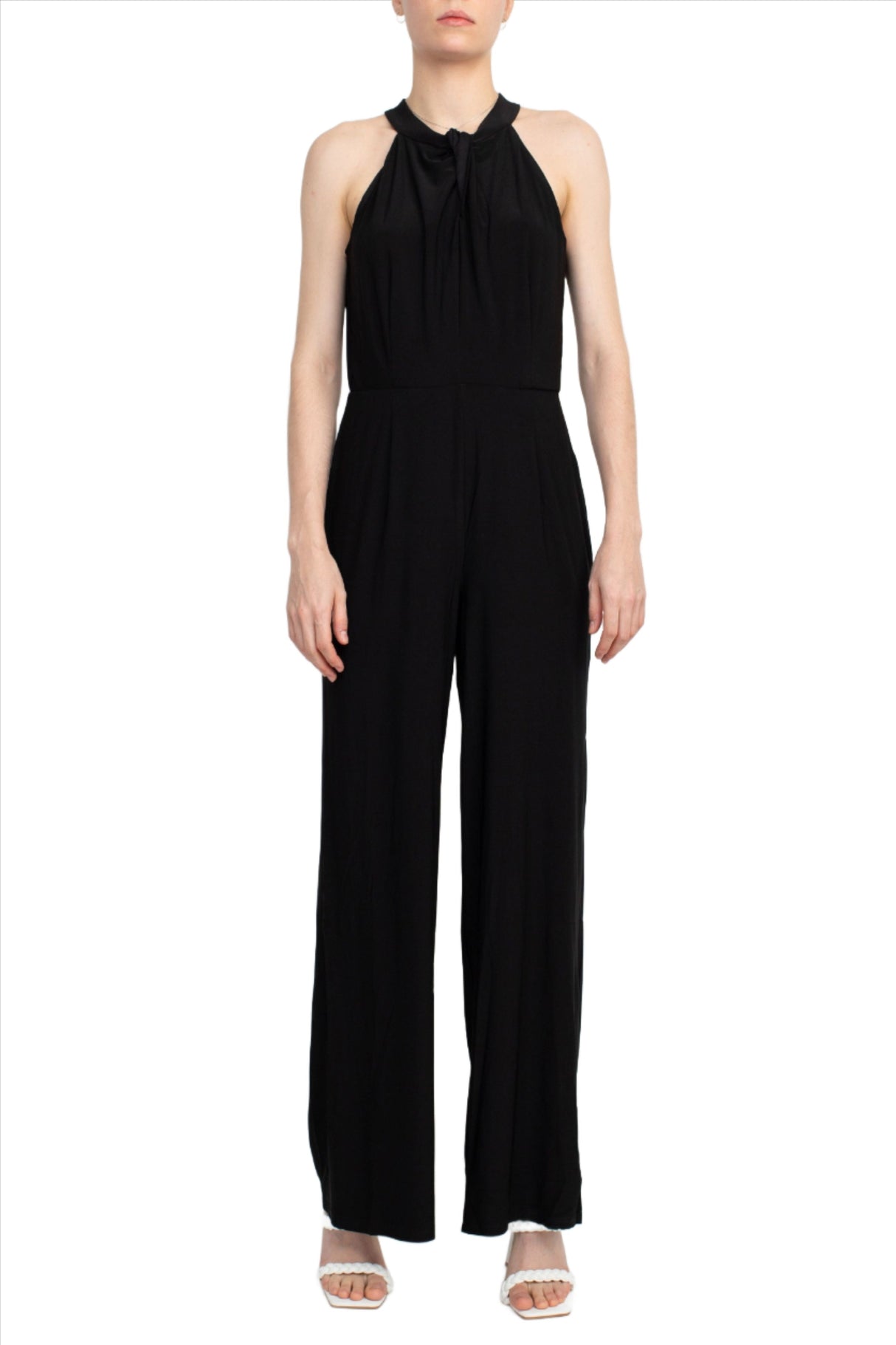 Nina Leonard Crossed Neck Sleeveless Keyhole Back Solid Jersey Jumpsuit by Curated Brands