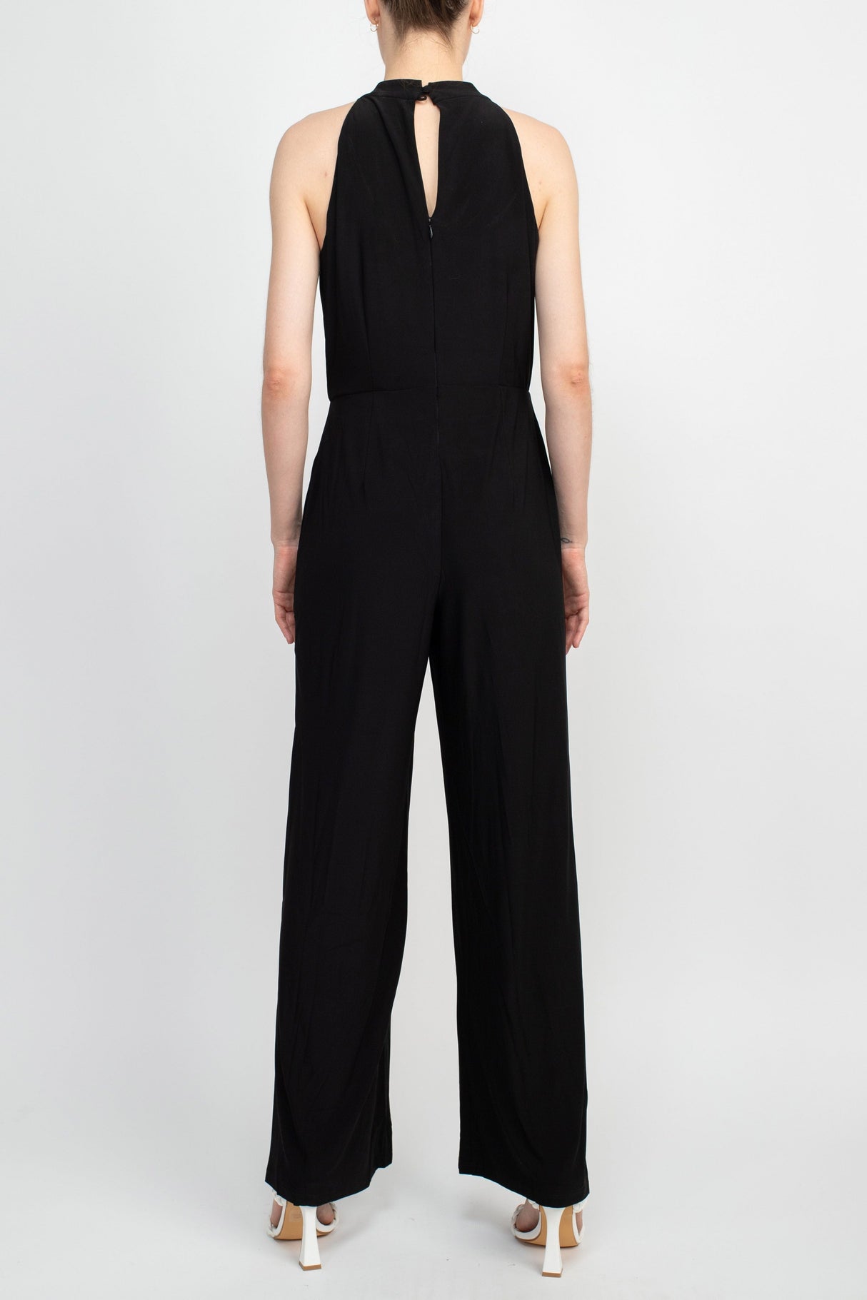 Nina Leonard Crossed Neck Sleeveless Keyhole Back Solid Jersey Jumpsuit by Curated Brands