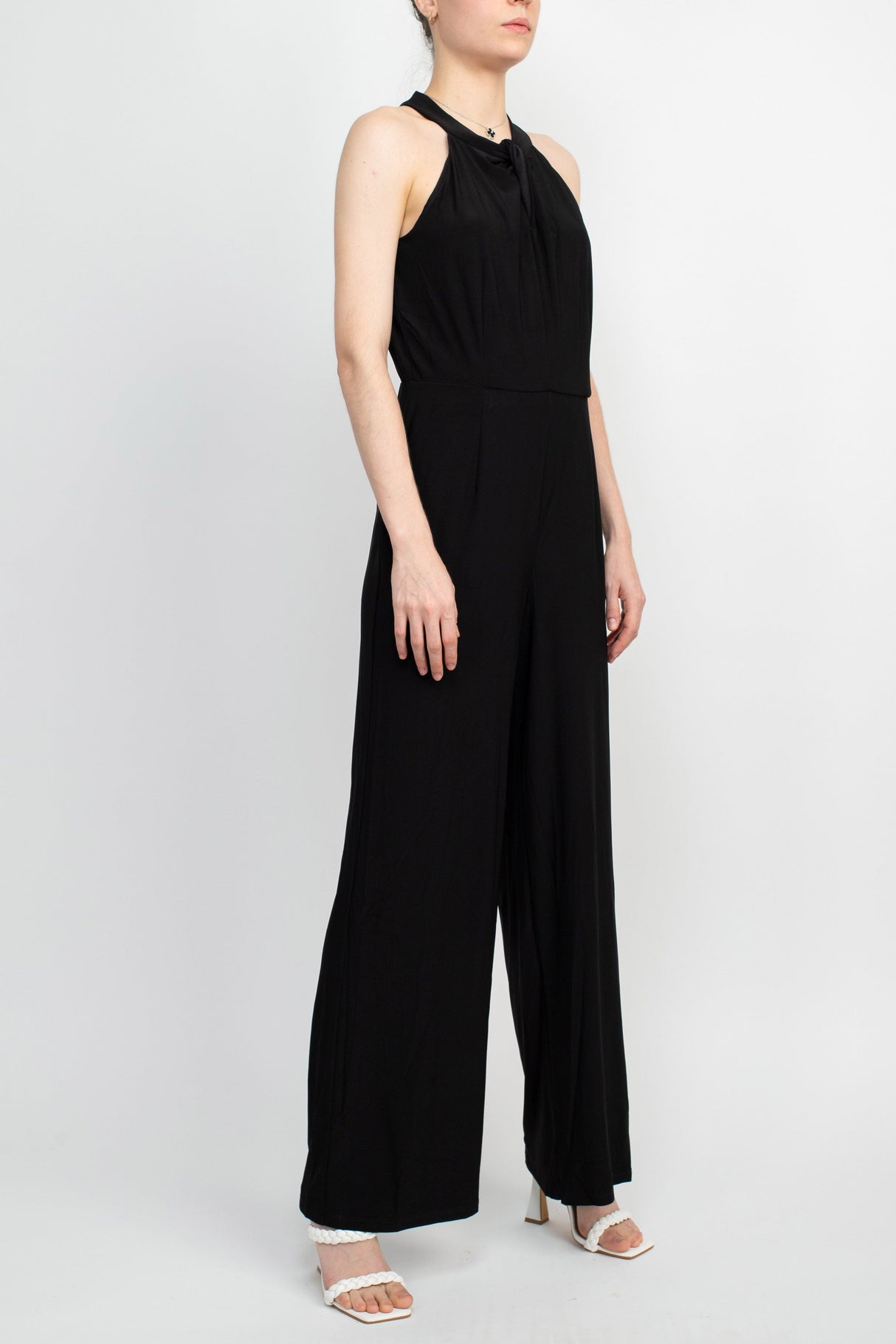 Nina Leonard Crossed Neck Sleeveless Keyhole Back Solid Jersey Jumpsuit by Curated Brands