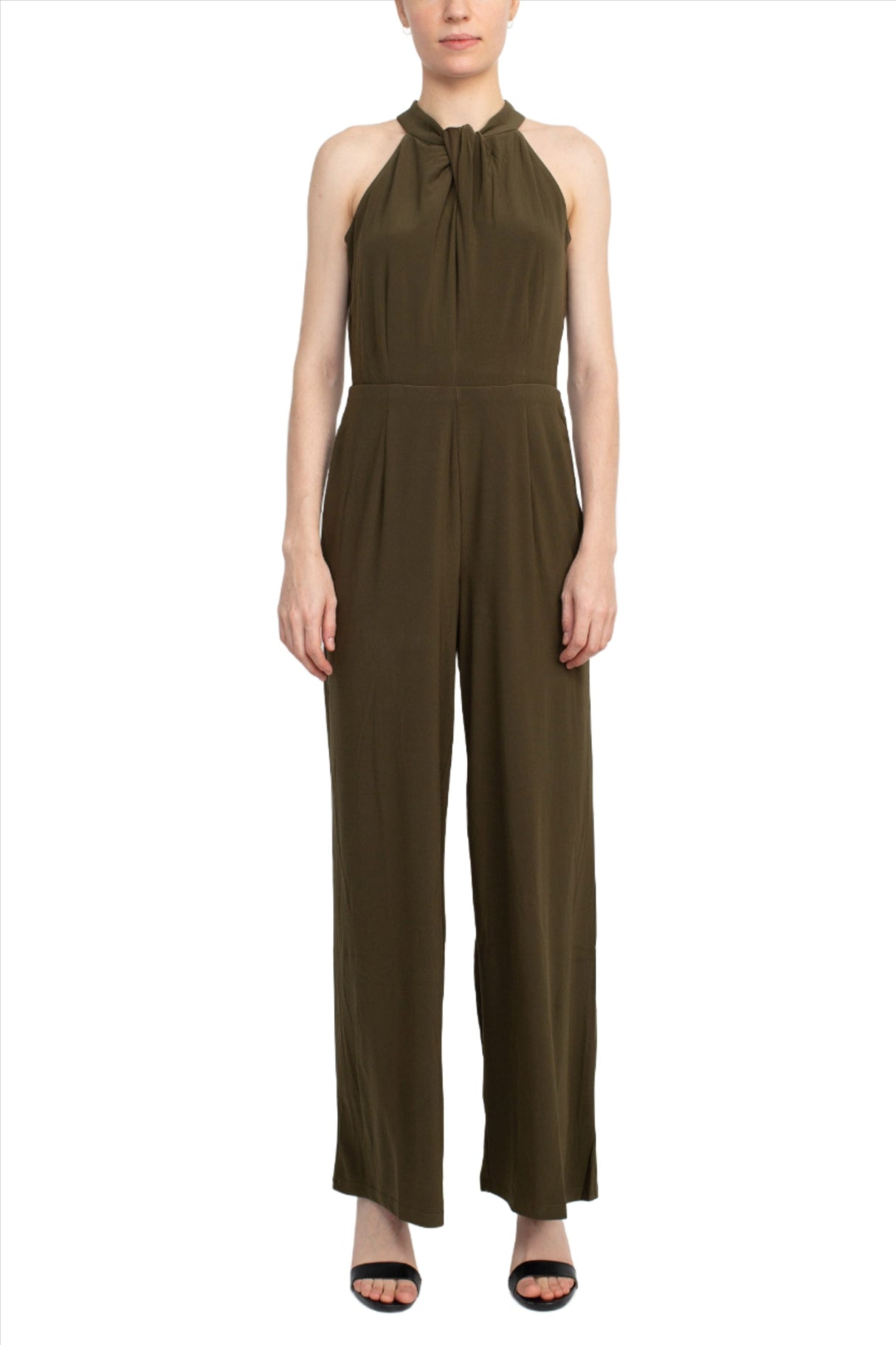 Nina Leonard Crossed Neck Sleeveless Keyhole Back Solid Jersey Jumpsuit by Curated Brands