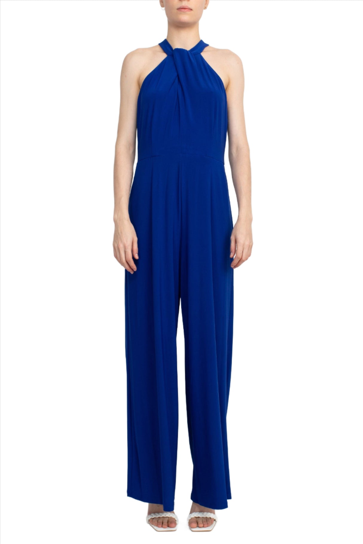 Nina Leonard Crossed Neck Sleeveless Keyhole Back Solid Jersey Jumpsuit by Curated Brands