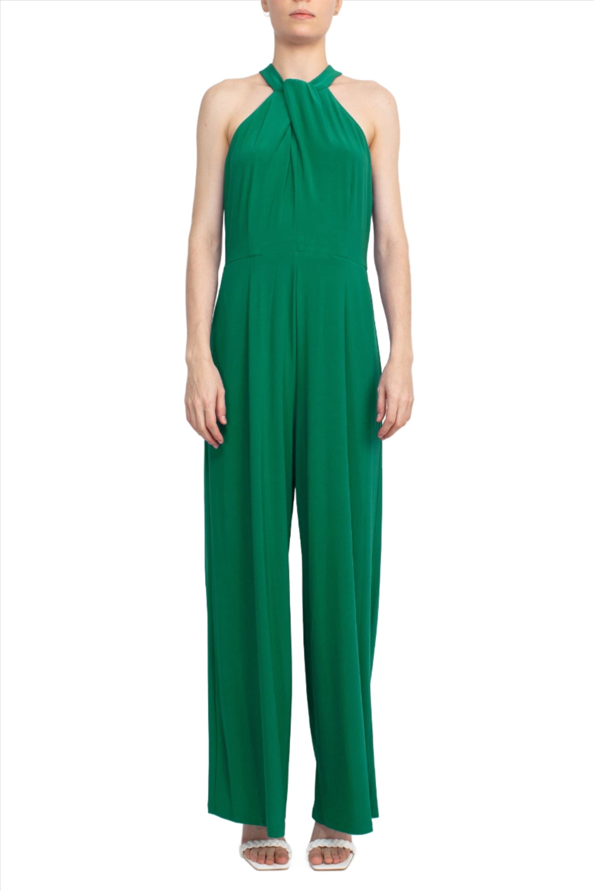 Nina Leonard Crossed Neck Sleeveless Keyhole Back Solid Jersey Jumpsuit by Curated Brands