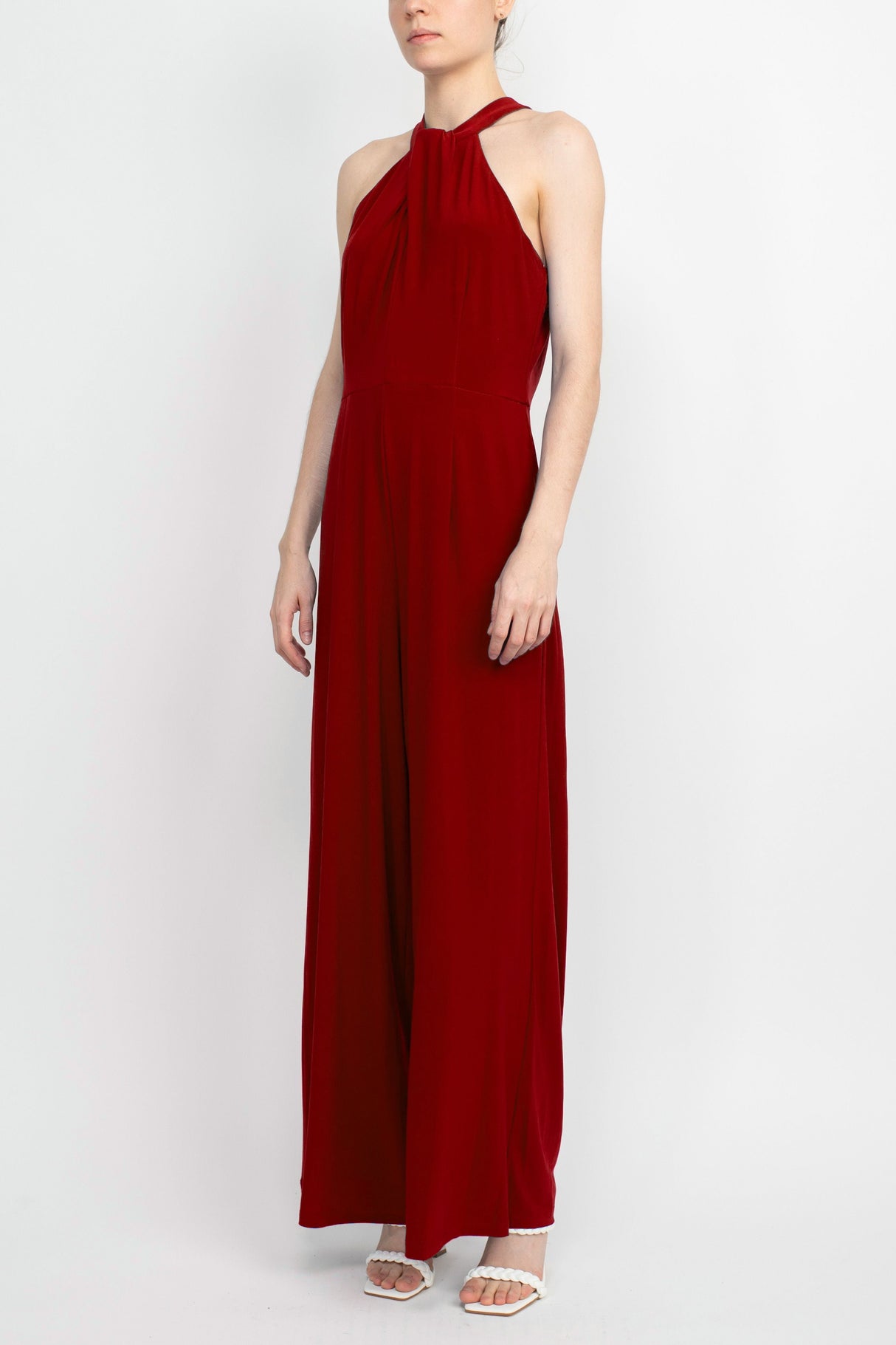 Nina Leonard Crossed Neck Sleeveless Keyhole Back Solid Jersey Jumpsuit by Curated Brands