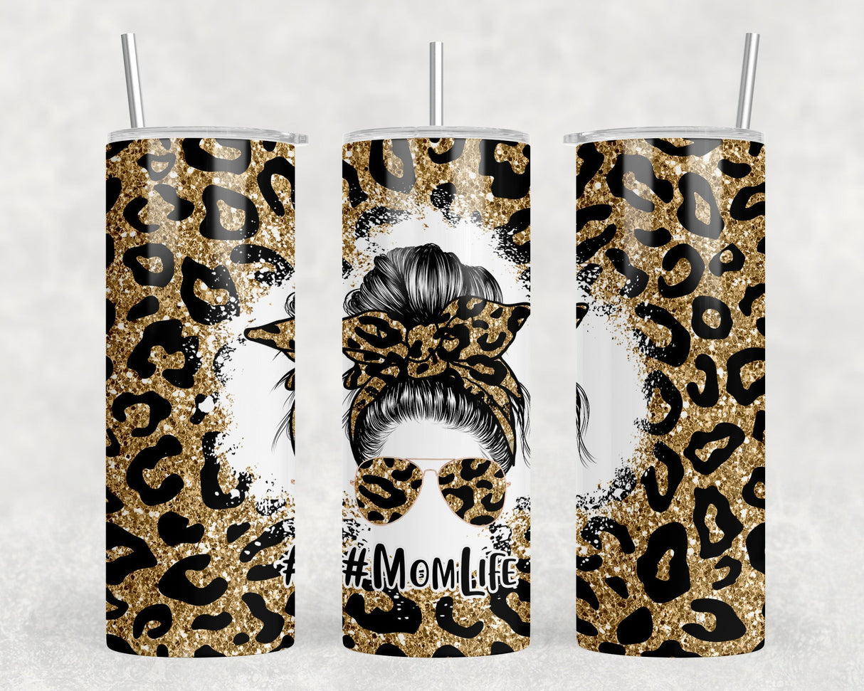 Leopard Print Mom Life - 20 oz Steel Skinny Tumbler - Optional Blue Tooth Speaker - Speaker Color will Vary by Rowdy Ridge Co