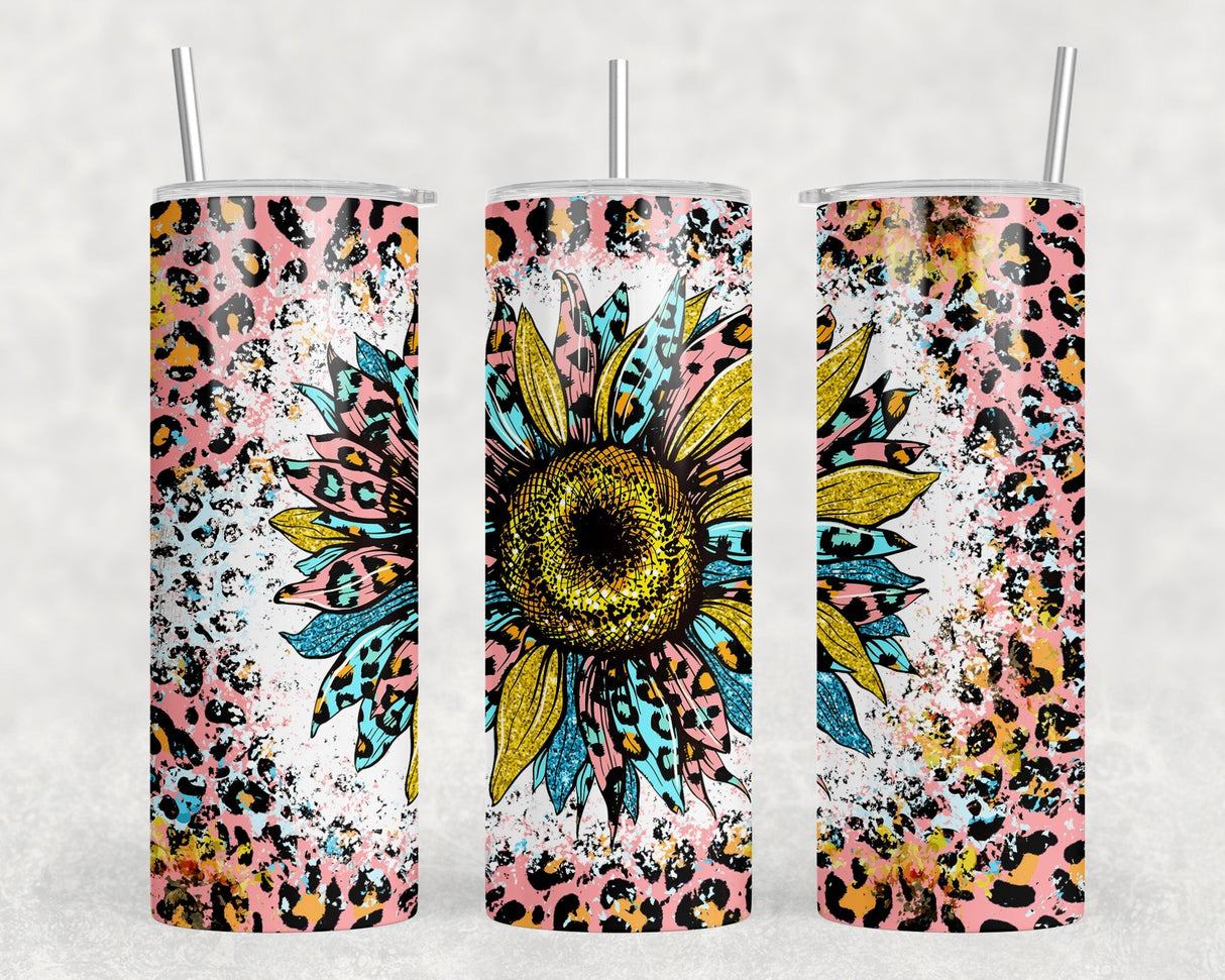 Leopard Print Sunflower - 20 oz Steel Skinny Tumbler - Optional Blue Tooth Speaker - Speaker Color will Vary by Rowdy Ridge Co