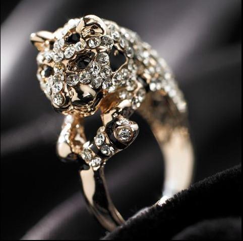 Designer Inspired Pale Gold and Crystal Diamante 'Lucky Leopard' Cocktail Ring by Liberty Charms USA