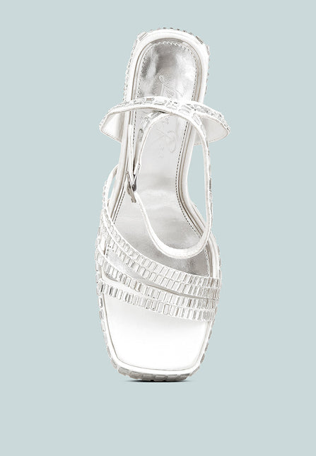 lustrous mirror embellished flare block heel sandals by London Rag