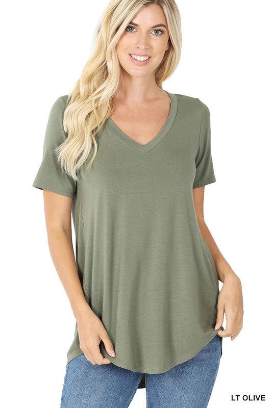 LUXE RAYON SHORT SLEEVE V-NECK HI-LOW HEM TOP - VYSN