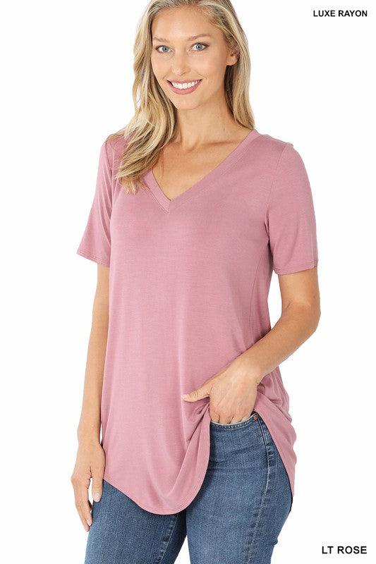 LUXE RAYON SHORT SLEEVE V-NECK HI-LOW HEM TOP - VYSN