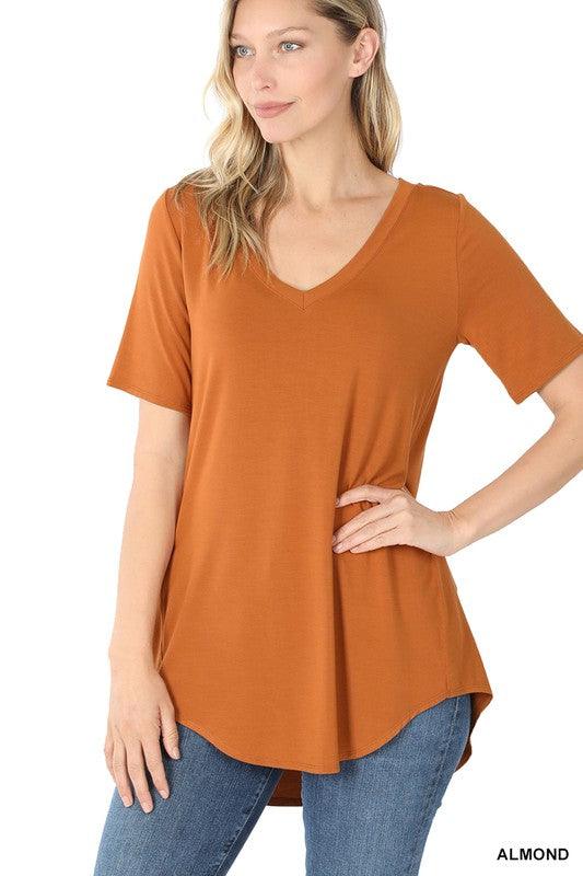 LUXE RAYON SHORT SLEEVE V-NECK HI-LOW HEM TOP - VYSN