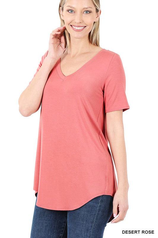 LUXE RAYON SHORT SLEEVE V-NECK HI-LOW HEM TOP - VYSN