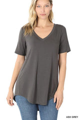 LUXE RAYON SHORT SLEEVE V-NECK HI-LOW HEM TOP - VYSN