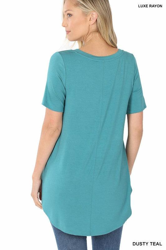 LUXE RAYON SHORT SLEEVE V-NECK HI-LOW HEM TOP - VYSN