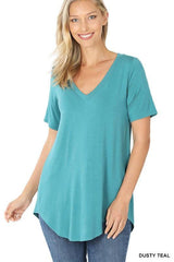 LUXE RAYON SHORT SLEEVE V-NECK HI-LOW HEM TOP - VYSN