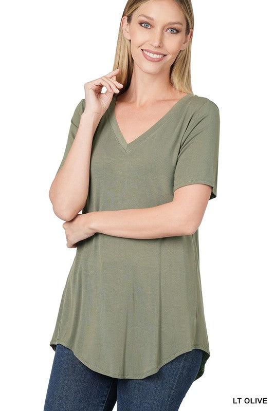 LUXE RAYON SHORT SLEEVE V-NECK HI-LOW HEM TOP - VYSN