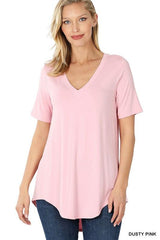 LUXE RAYON SHORT SLEEVE V-NECK HI-LOW HEM TOP - VYSN