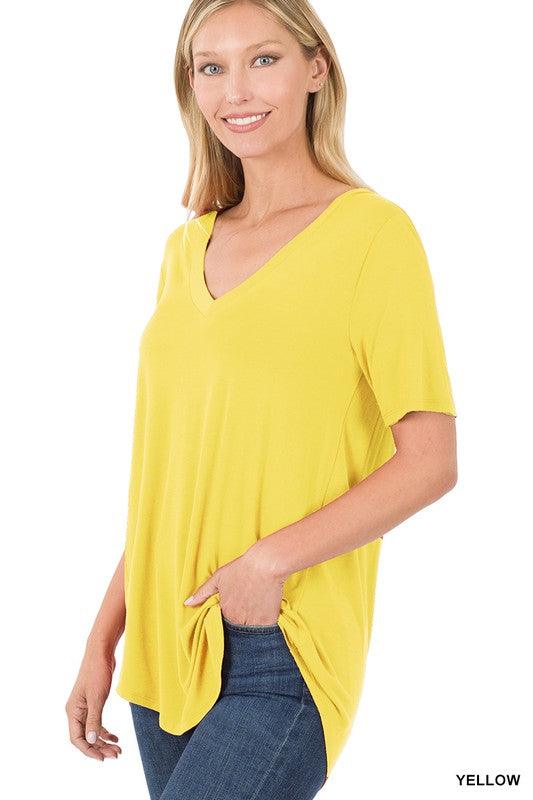 LUXE RAYON SHORT SLEEVE V-NECK HI-LOW HEM TOP - VYSN