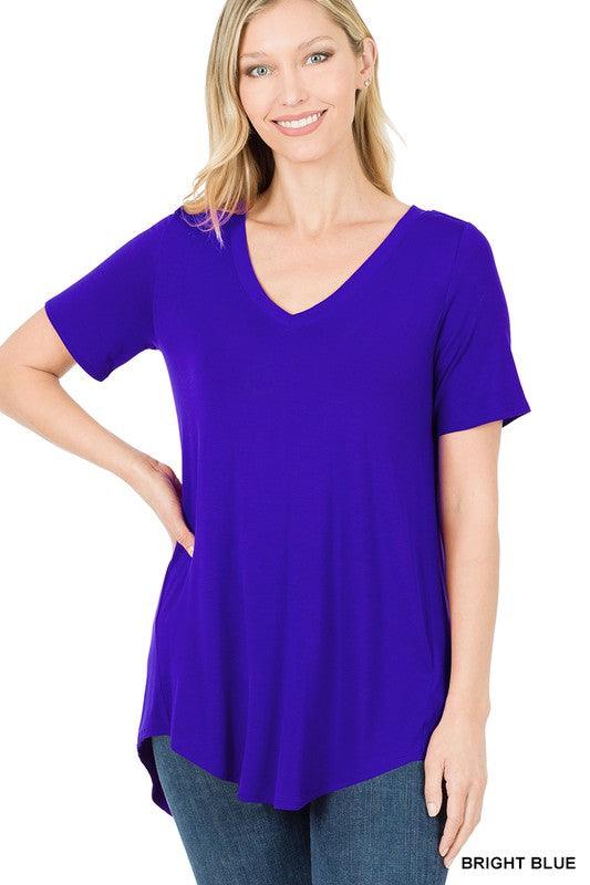 LUXE RAYON SHORT SLEEVE V-NECK HI-LOW HEM TOP - VYSN