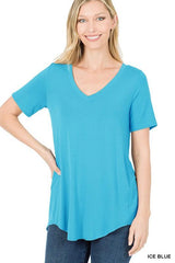 LUXE RAYON SHORT SLEEVE V-NECK HI-LOW HEM TOP - VYSN