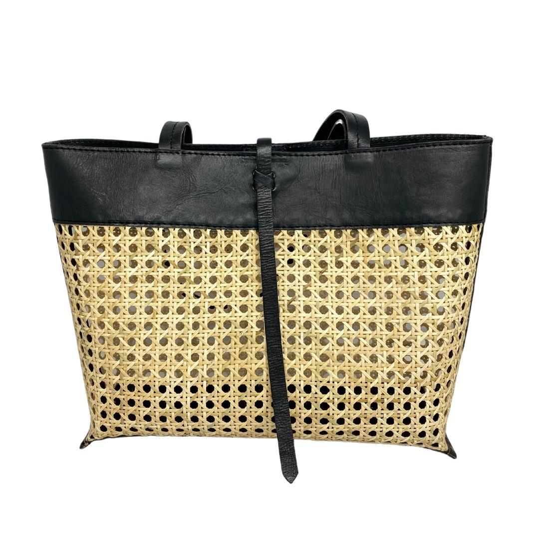 Madeline Cane and Leather Tote in Black by POPPY + SAGE