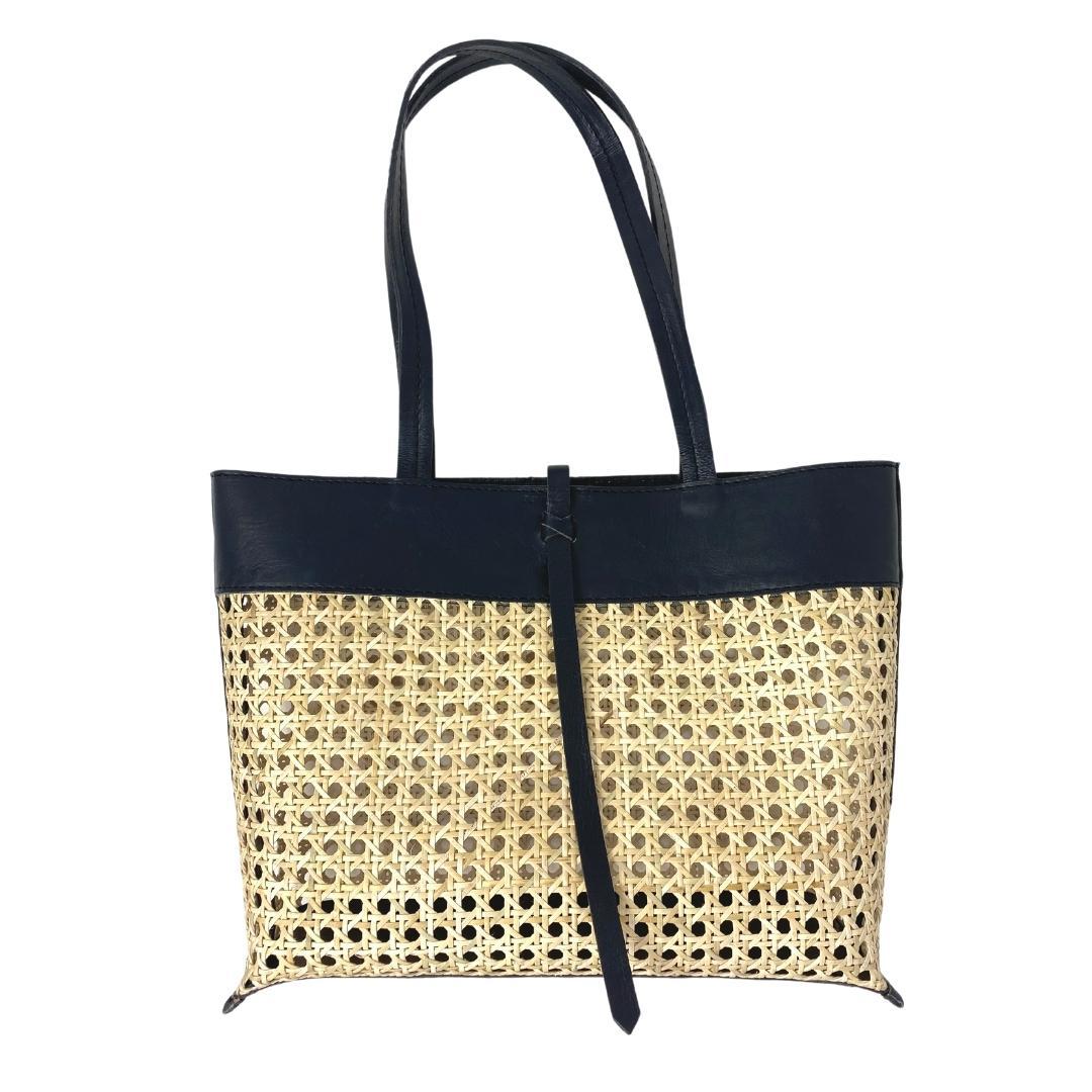 Madeline Cane and Leather Tote in Black by POPPY + SAGE