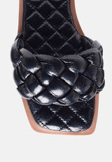 marcue patent pu quilted slides in woven straps by London Rag