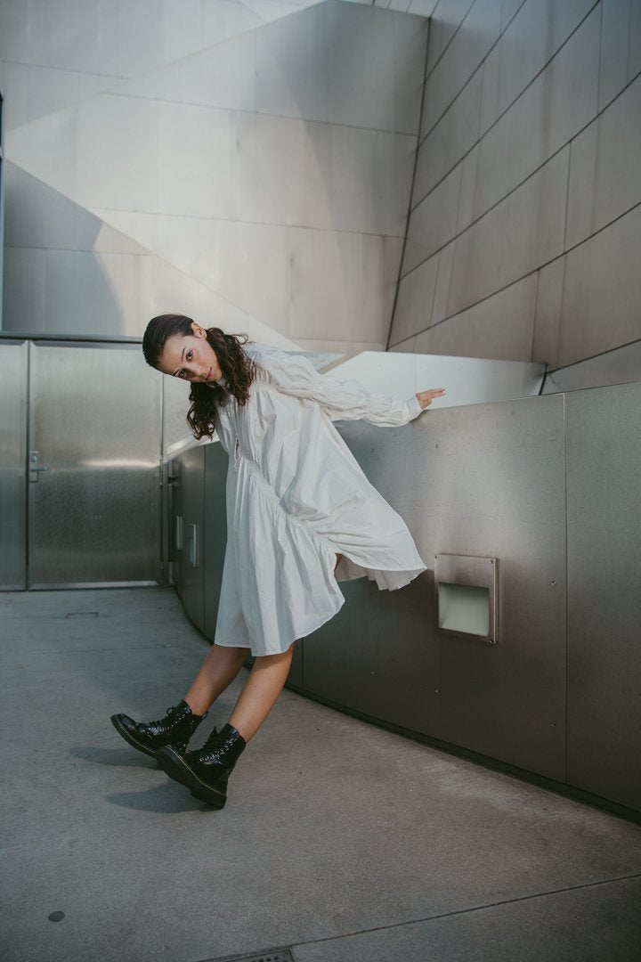 Hotaru Long Sleeve Pleated Shirt Dress - White by Marigold Shadows