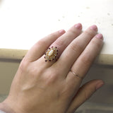 Vintage Ring Genuine Opal with Clear and Ruby Austrian Crystals 18kt Yellow Gold Electroplated by PVD Vintage Jewelry