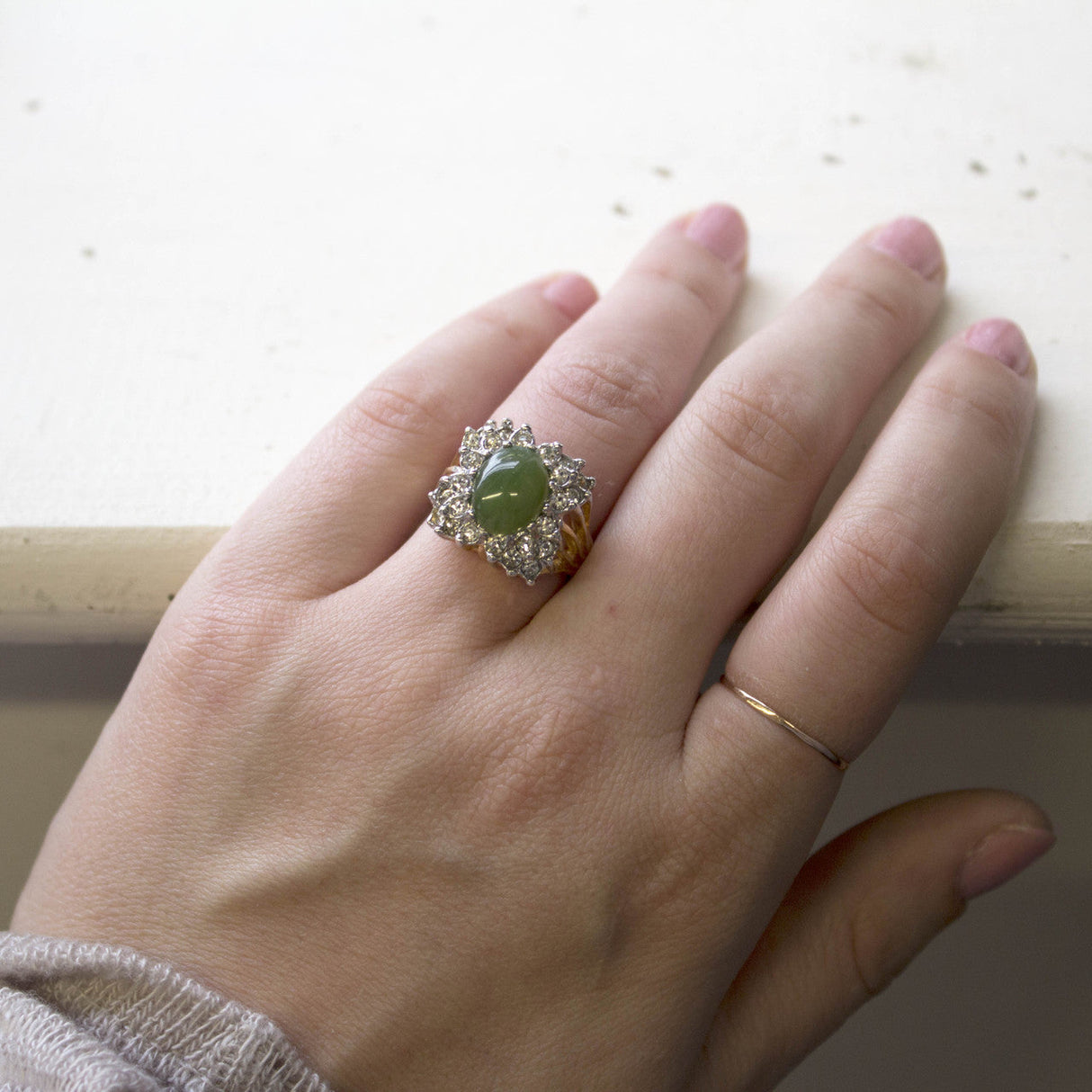 Vintage Emerald Green Crystal Cabochon Stone & Clear Crystal Ring in 18kt Yellow Gold Electroplate by PVD Vintage Jewelry