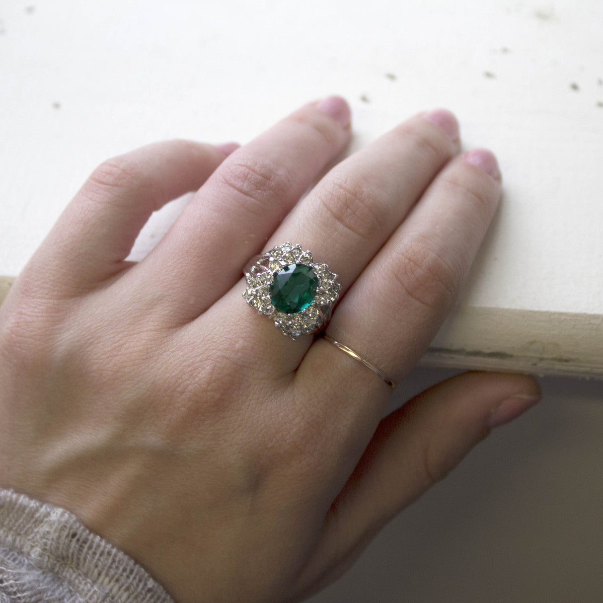 Vintage Emerald Green Crystal Cabochon Stone & Clear Crystal Ring in 18kt Yellow Gold Electroplate by PVD Vintage Jewelry