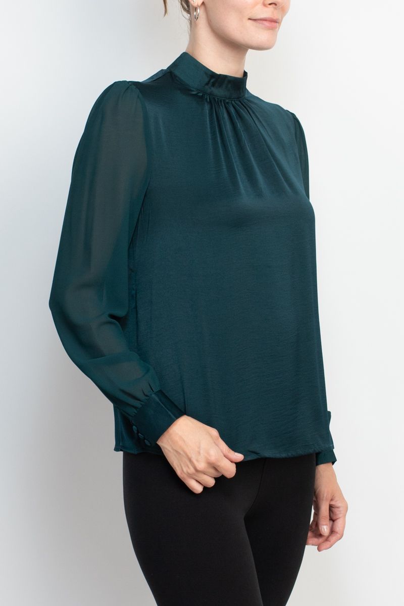 Zac & Rachel high neck ruched chiffon long sleeve keyhole back satin bodice top by Curated Brands