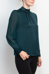 Zac & Rachel high neck ruched chiffon long sleeve keyhole back satin bodice top by Curated Brands