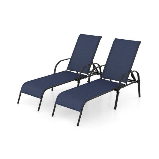 2 Pcs Outdoor Patio Lounge Chair Chaise Fabric with Adjustable Reclining Armrest-Navy