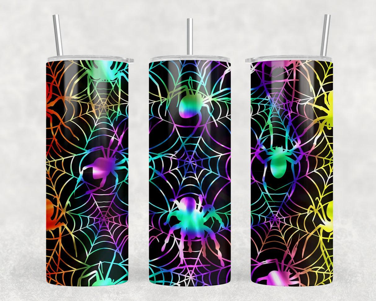 Neon Spider Webs - 20 oz Steel Skinny Tumbler - Optional Blue Tooth Speaker - Speaker Color will Vary by Rowdy Ridge Co