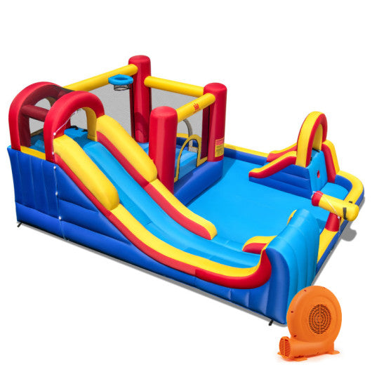 7 in 1 Outdoor Inflatable Bounce House with Water Slides and Splash Pools with 680W Blower