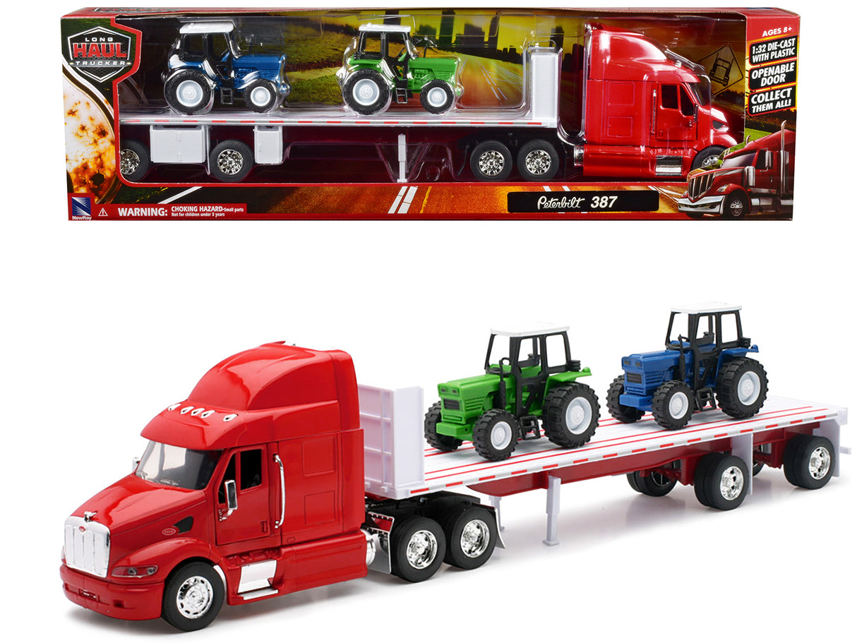 Peterbilt 387 Flatbed Truck Red with 2 Farm Tractors Blue and Green "Long Haul Trucker" Series 1/32 Diecast Model by New Ray