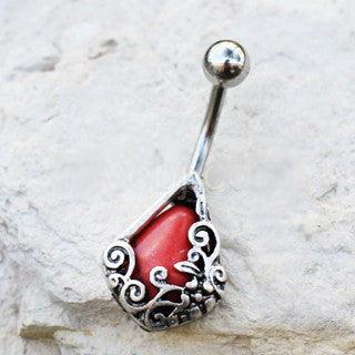 316L Stainless Steel Ornamental Red Stone Teardrop Navel Ring by Fashion Hut Jewelry - Vysn