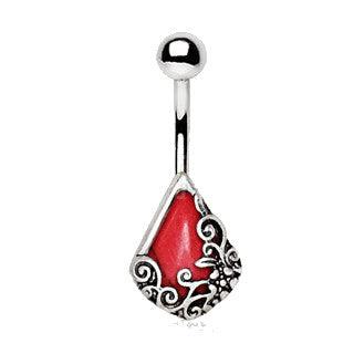 316L Stainless Steel Ornamental Red Stone Teardrop Navel Ring by Fashion Hut Jewelry - Vysn