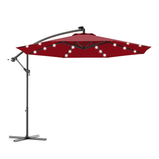 10 Feet Patio Hanging Solar LED Umbrella Sun Shade with Cross Base-Dark Red