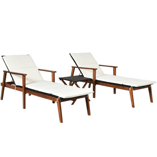 3 Pieces Portable Patio Cushioned Rattan Lounge Chair Set with Folding Table-White