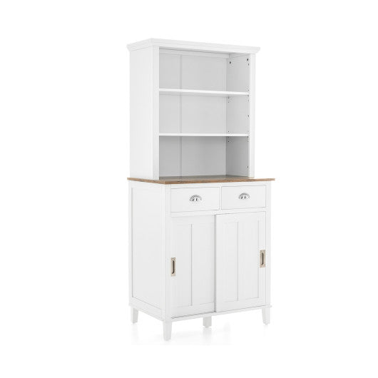 Freestanding Kitchen Pantry with Hutch Sliding Door and Drawer-White