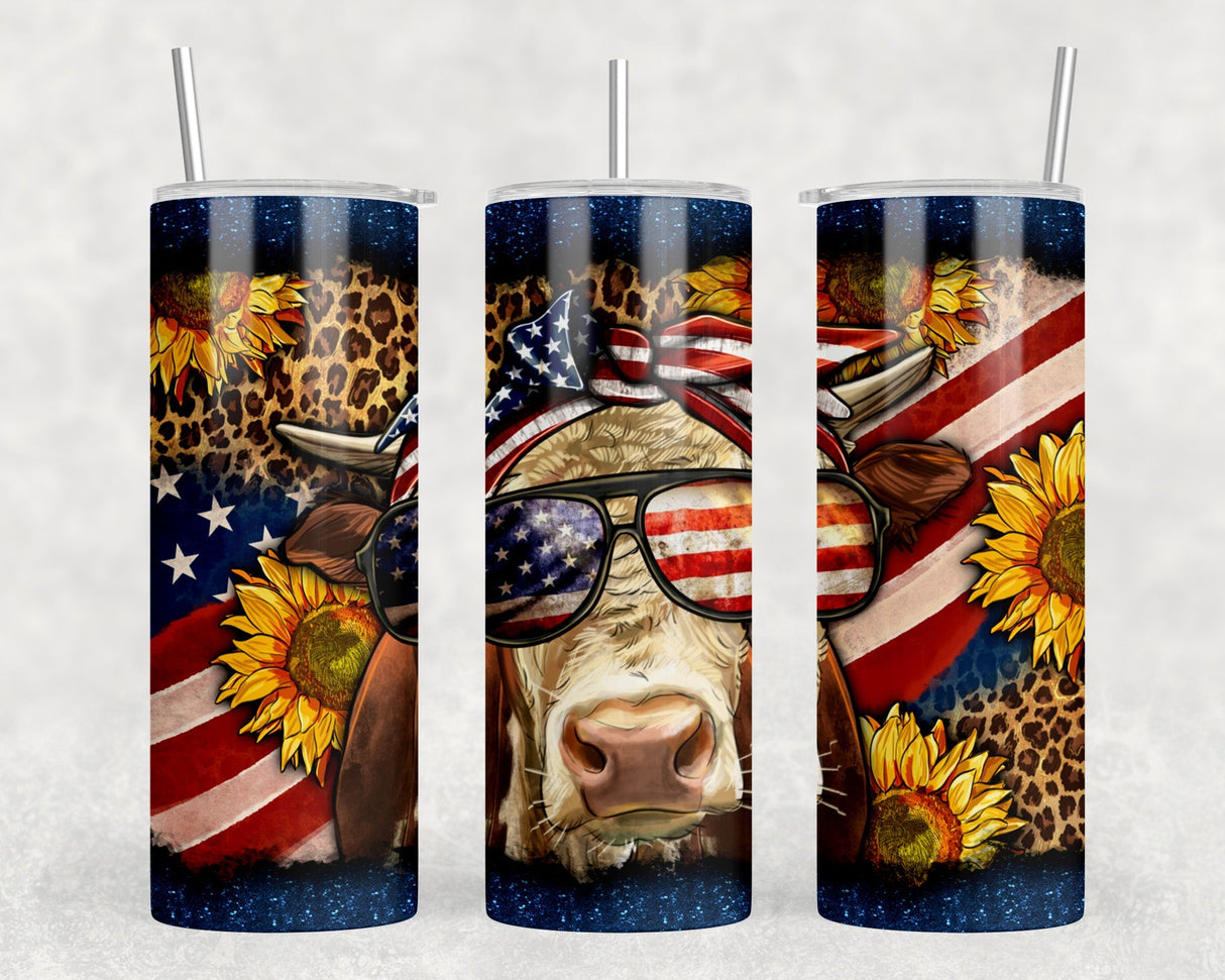 Patriotic Cow - 20 oz Steel Skinny Tumbler - Optional Blue Tooth Speaker - Speaker Color will Vary by Rowdy Ridge Co