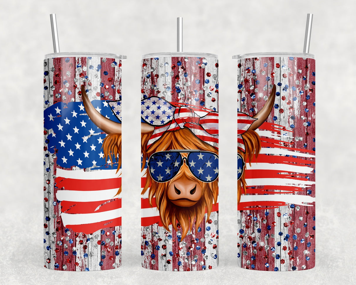 Patriotic Highland Cow - 20 oz Steel Skinny Tumbler - Optional Blue Tooth Speaker - Speaker Color will Vary by Rowdy Ridge Co