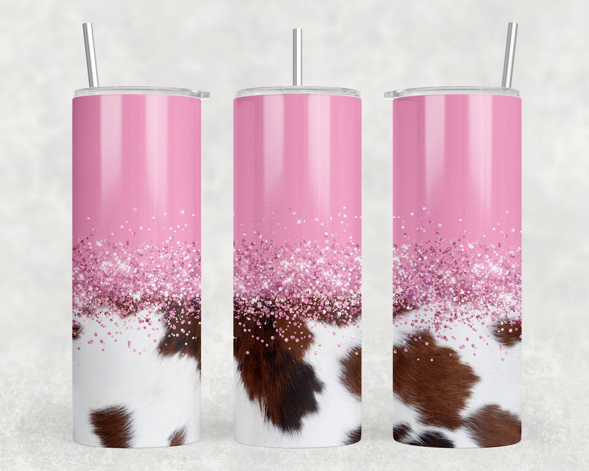 Pink faux cowhide - 20 oz Steel Skinny Tumbler - Optional Blue Tooth Speaker - Speaker Color will Vary by Rowdy Ridge Co