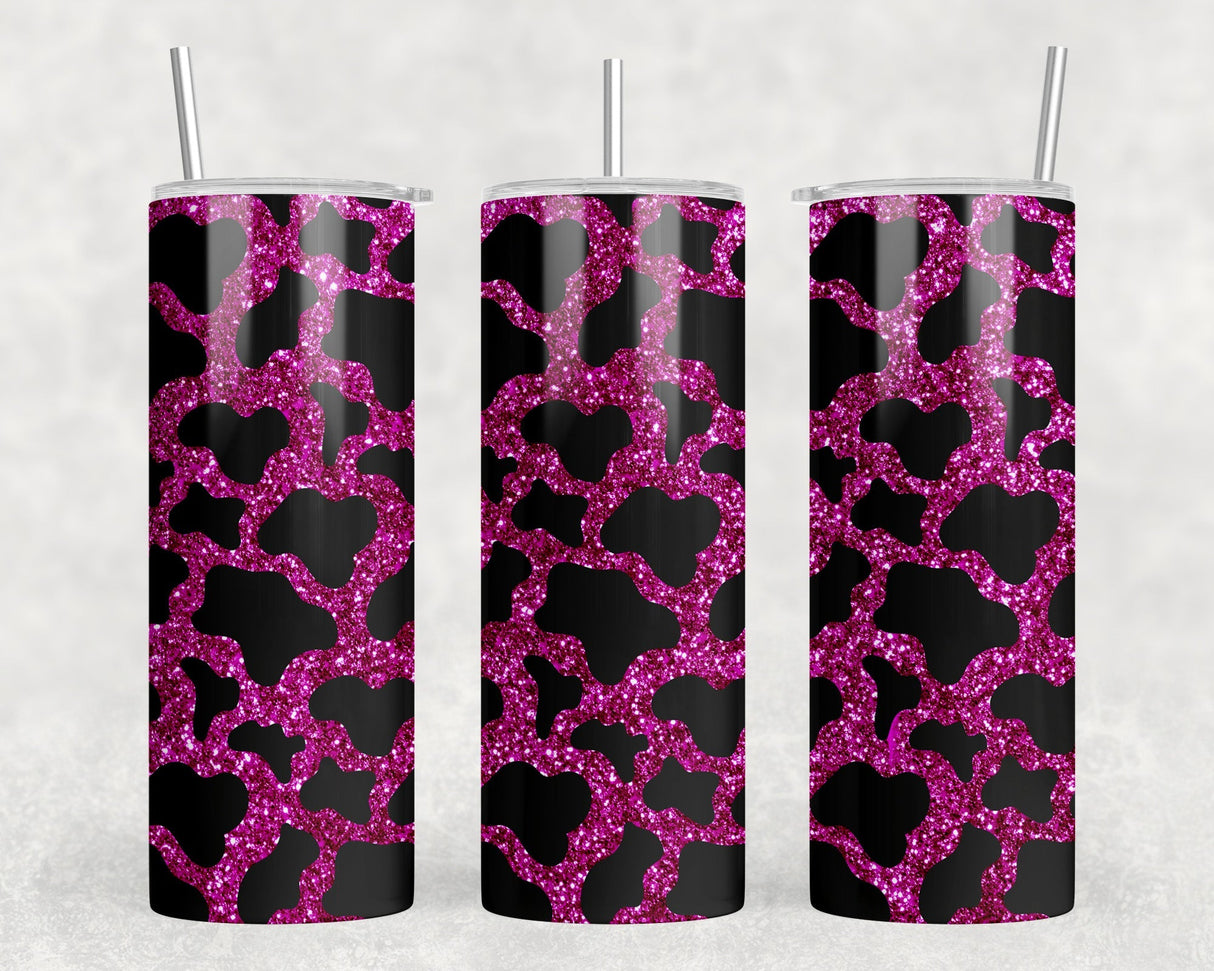 Pink faux glitter Cow Print|Skinny Tumbler|Optional Bluetooth Speaker| Speaker Color Varies by Rowdy Ridge Co