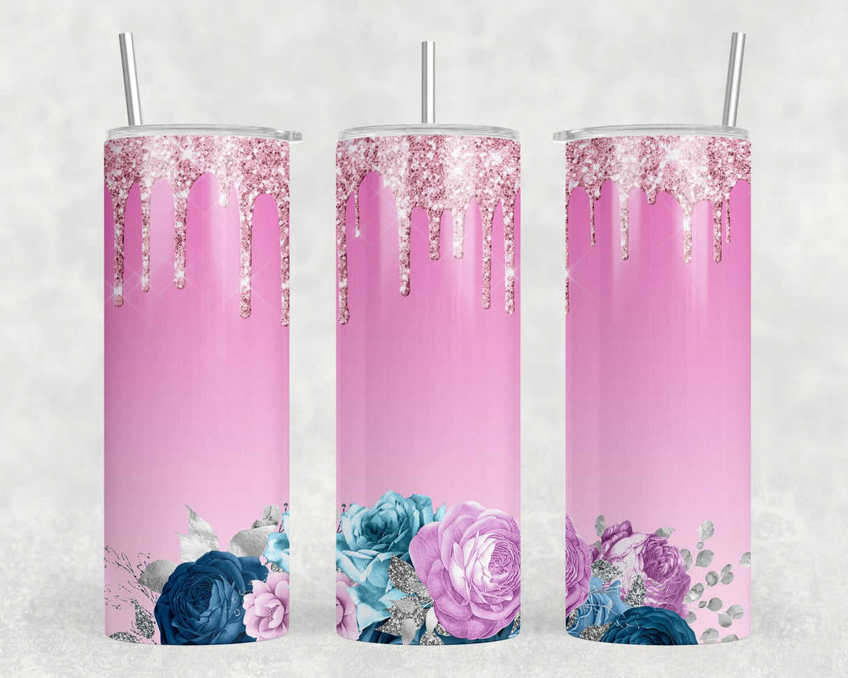 Pink Flowers - 20 oz Steel Skinny Tumbler - Optional Blue Tooth Speaker - Speaker Color will Vary by Rowdy Ridge Co