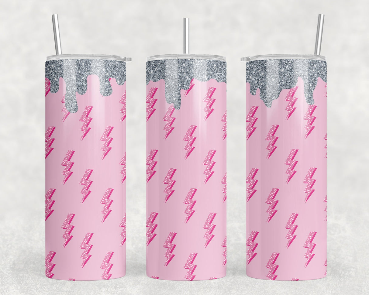 Pink Lightning Bolt faux glitter Drip|Skinny Tumbler|Optional Bluetooth Speaker| Speaker Color Varies by Rowdy Ridge Co